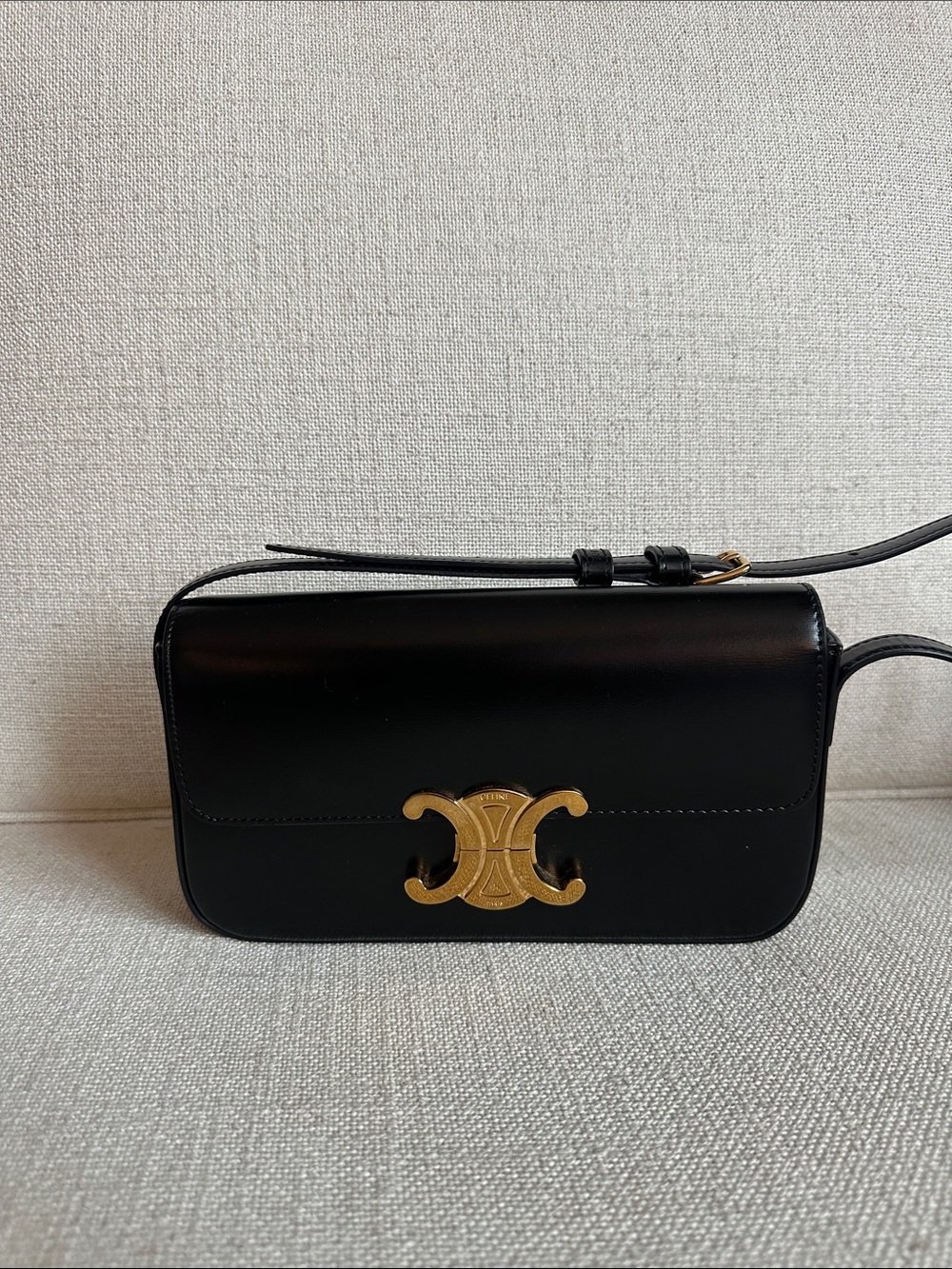 Black Leather Shoulder Bag with Gold Hardware